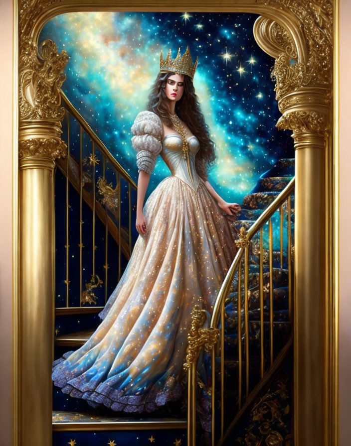 Regal Queen Descending Grand Staircase in Sparkling Gown