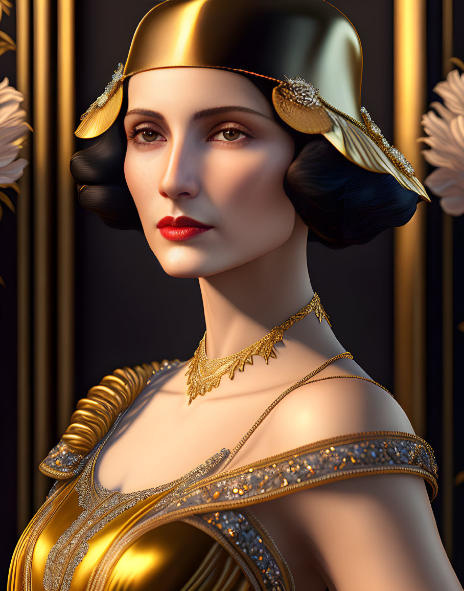 3D-rendered woman in 1920s makeup with golden accessories on black and gold background