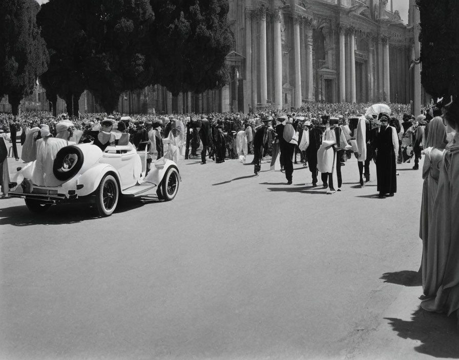 Classic Car and Elegant Crowd in Formal Setting with Architectural Background