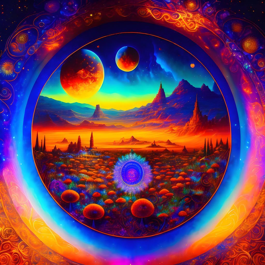 Colorful Psychedelic Landscape with Planets, Mountains, and Flowers