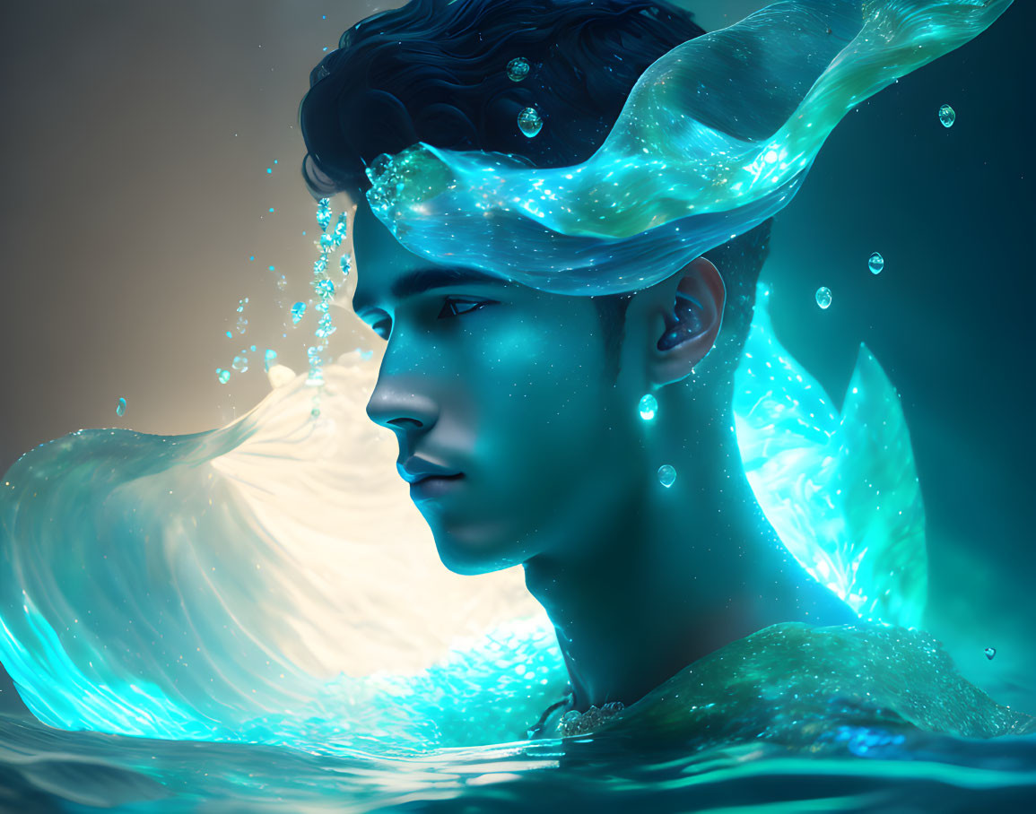 Surreal portrait of person submerged in water with crystal formations