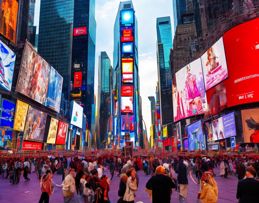 Vibrant Times Square at Dusk with Billboards & Crowds