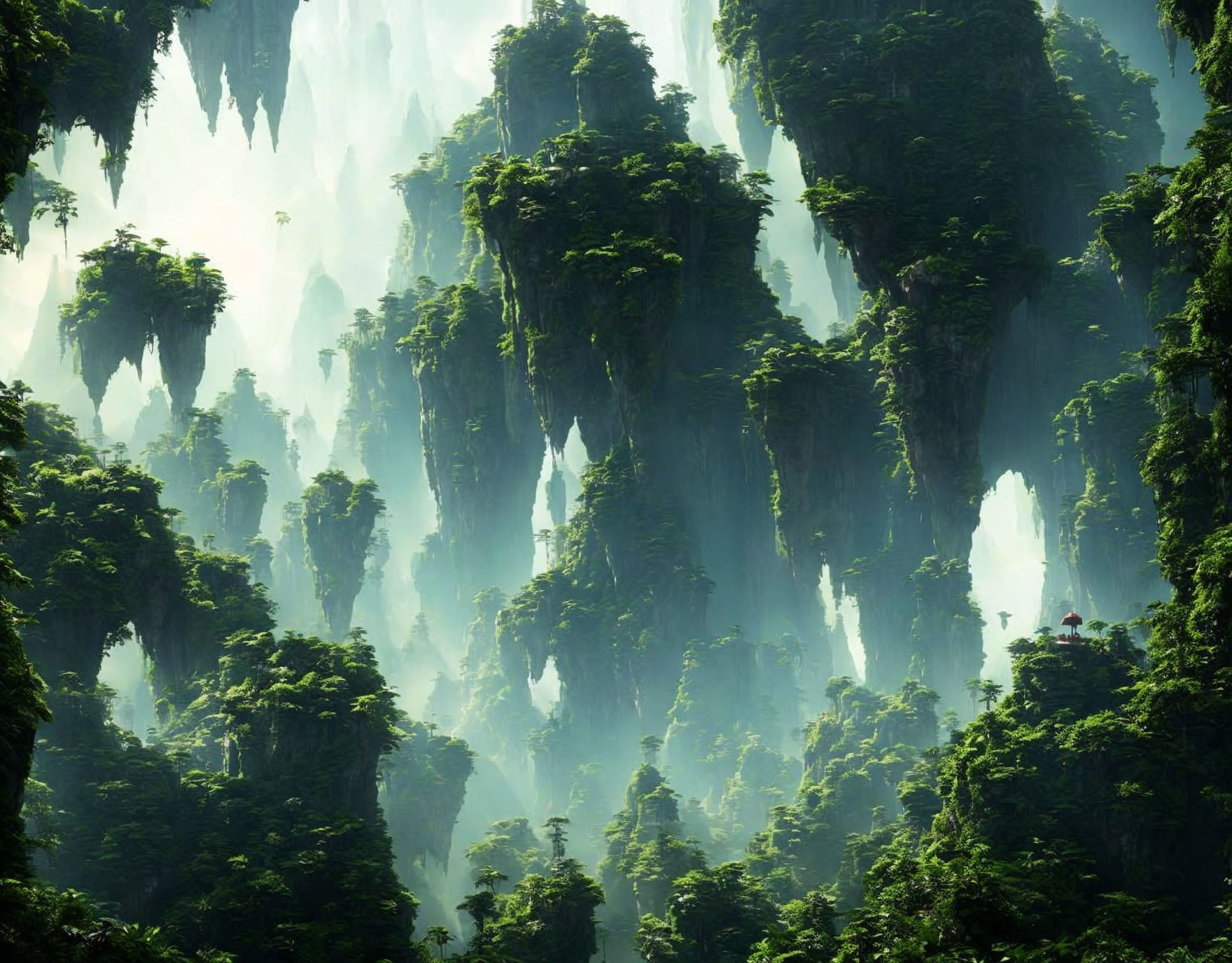 Misty green cliffs with red-roofed pagoda.