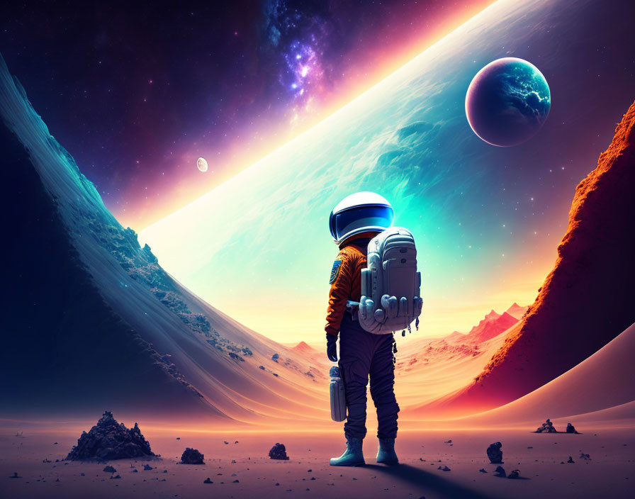 Astronaut on colorful alien planet with celestial bodies & stark landscape