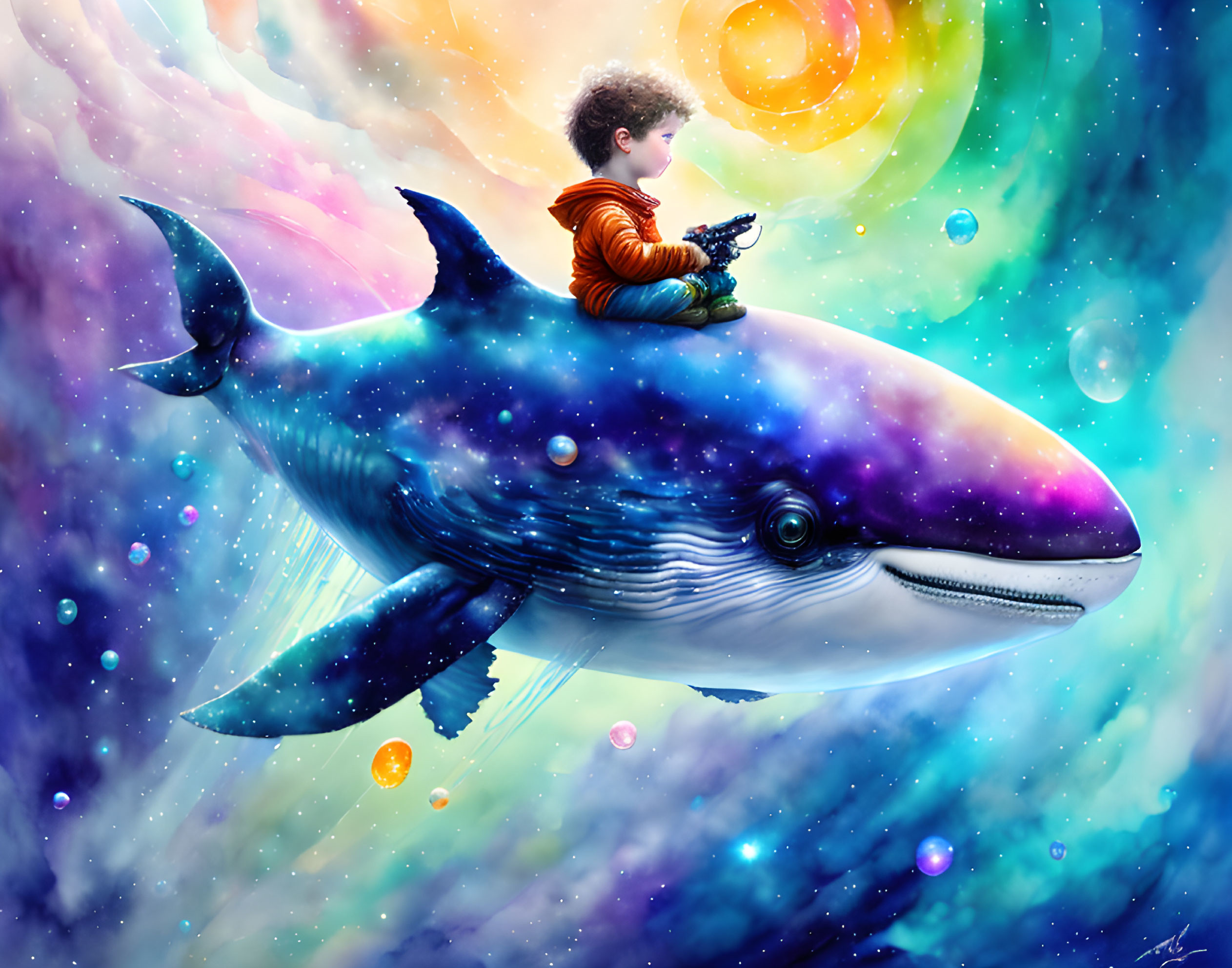 Curly-Haired Child on Cosmic Whale in Starry Space