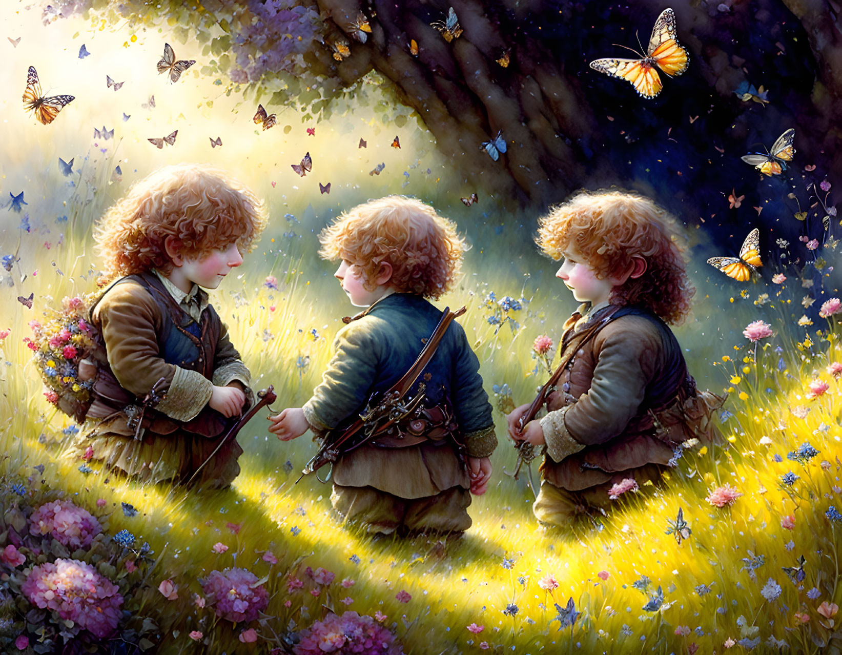 Young fantasy characters with curly hair in magical meadow among butterflies and flowers