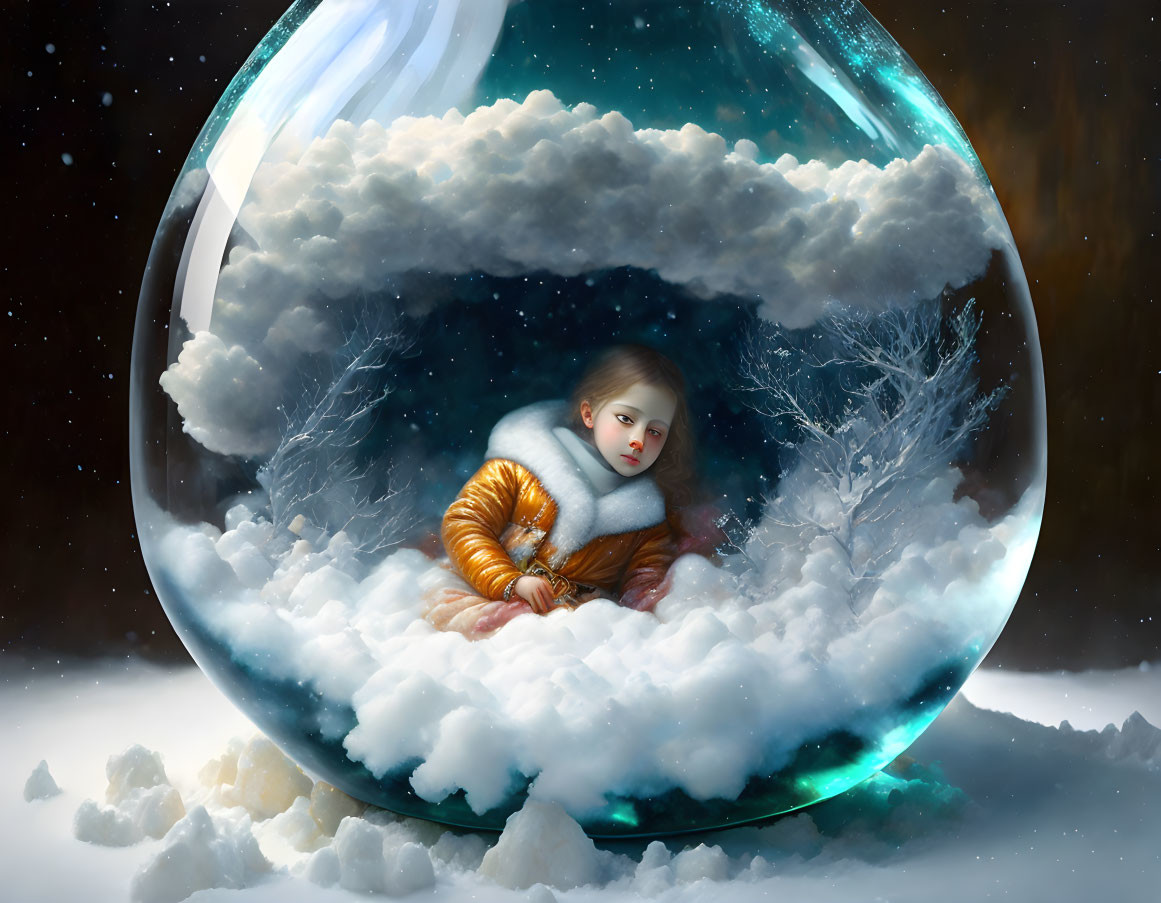 Child in snowy landscape orb with snowflakes in darkness