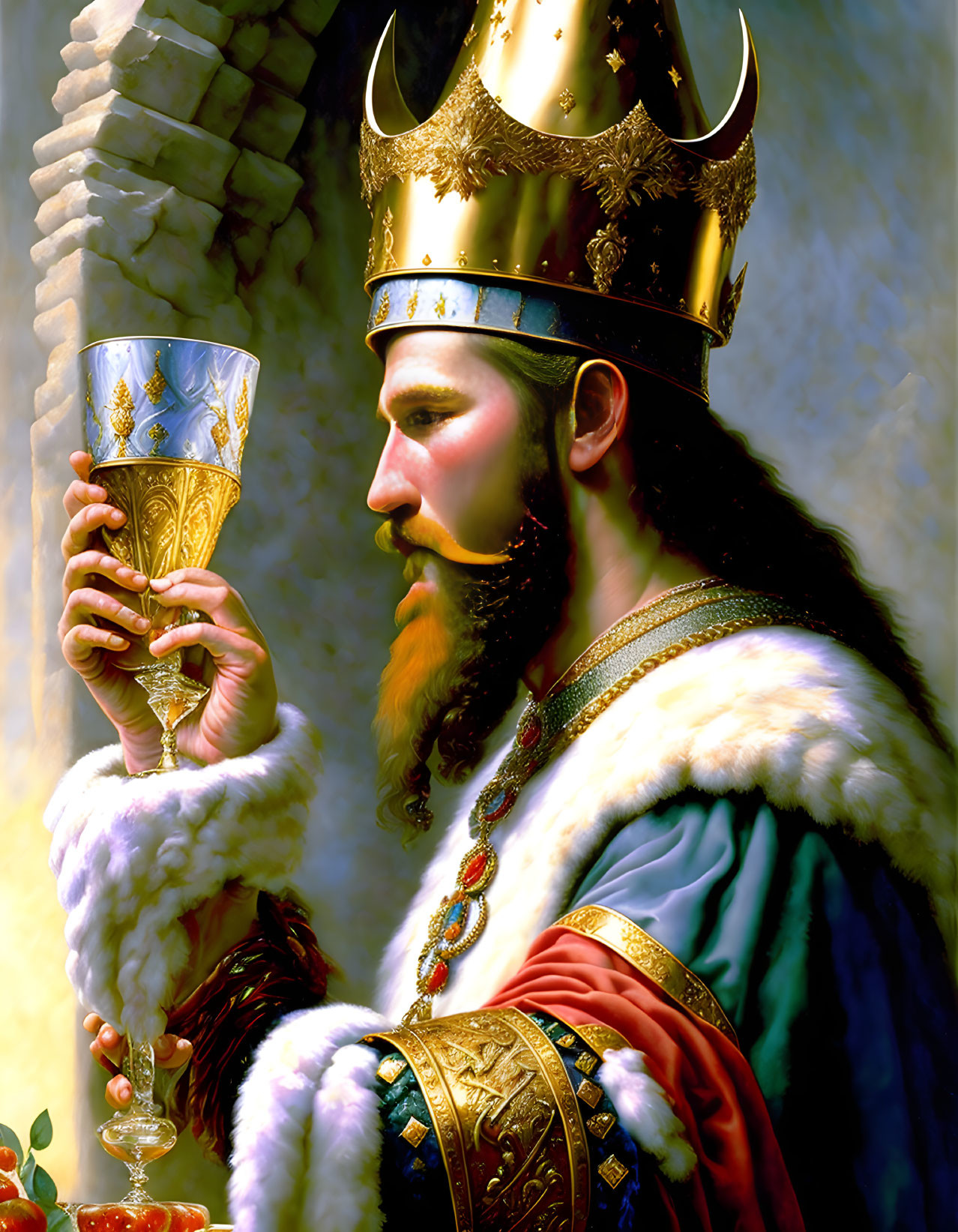 Regal figure in fur-lined cape and ornate crown holding jeweled chalice