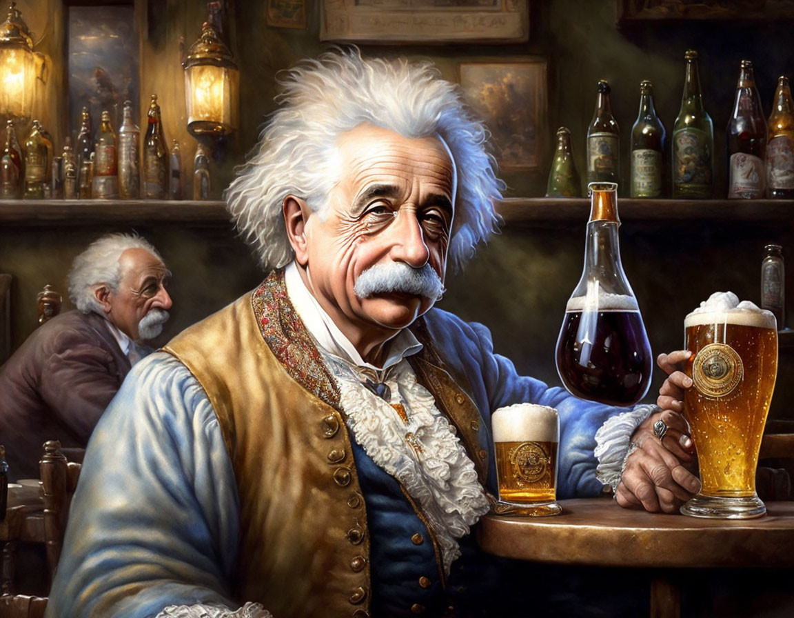 Historical figure lookalike with white hair and mustache in vintage bar scene.