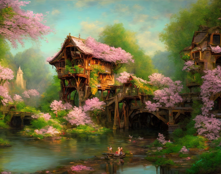 Rustic multi-story house near pink trees by riverbank