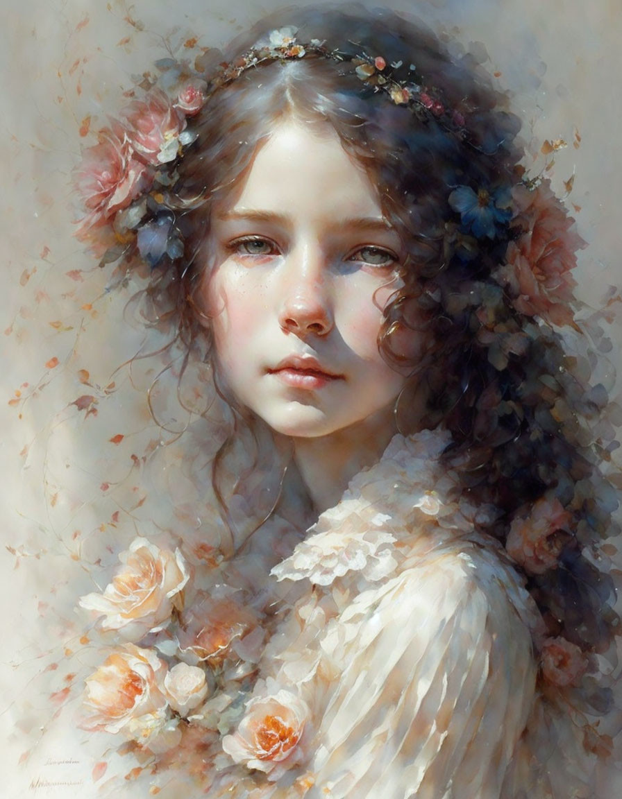 Portrait of Young Girl with Floral Crown and Expressive Eyes