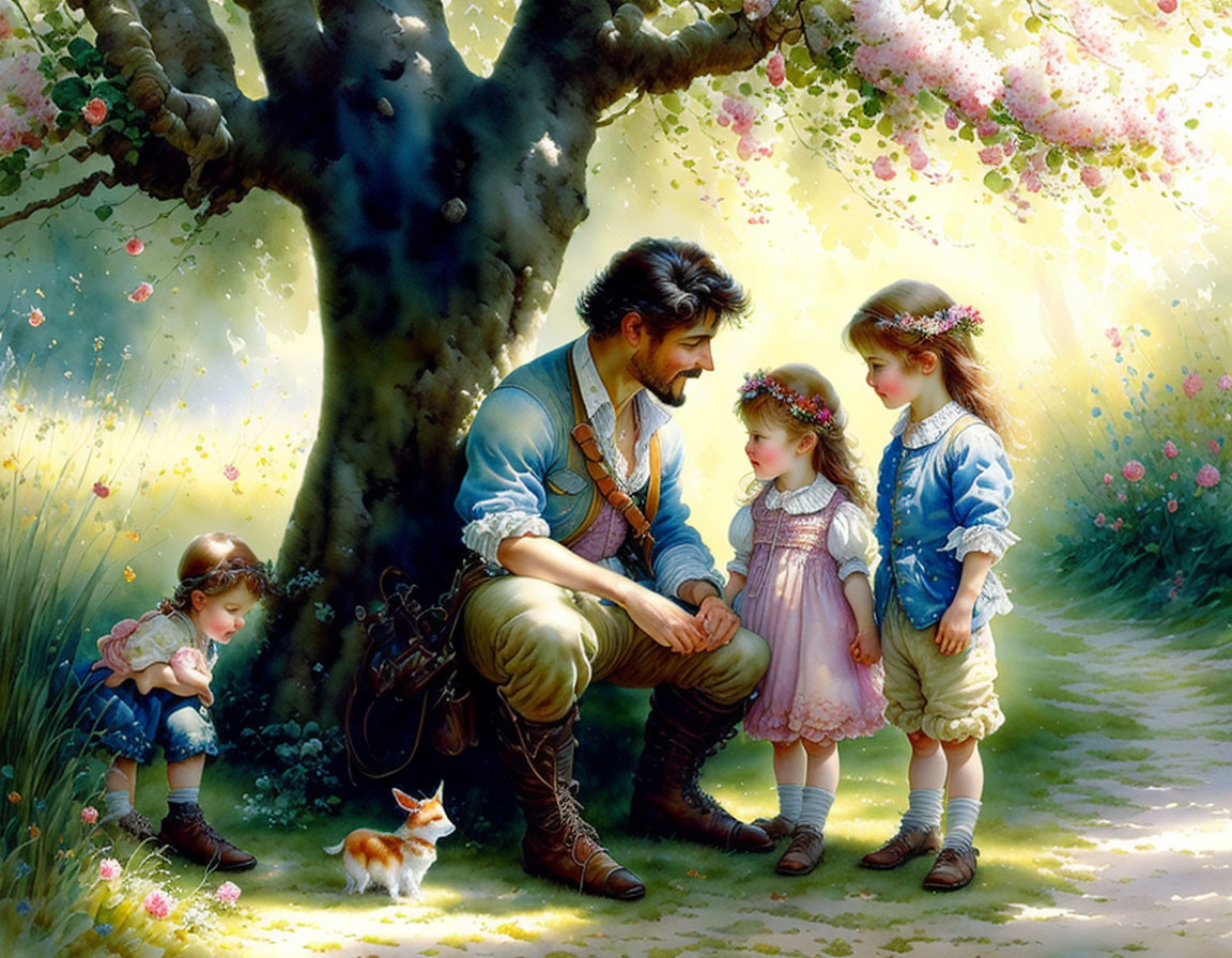 Man sitting under blooming tree with girls and cat in park scene