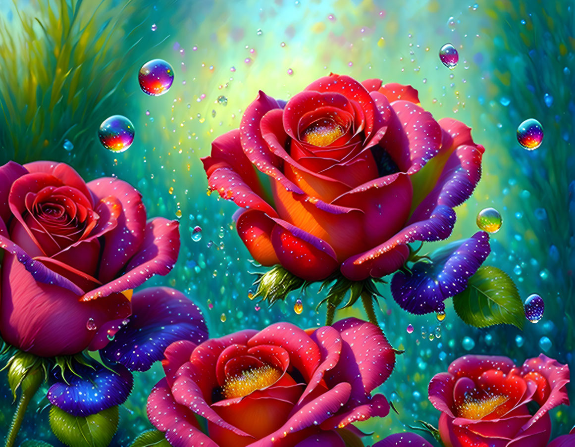 Digital Art: Dewy Roses, Bubbles, Greenery - Dreamy, Magical Vibe