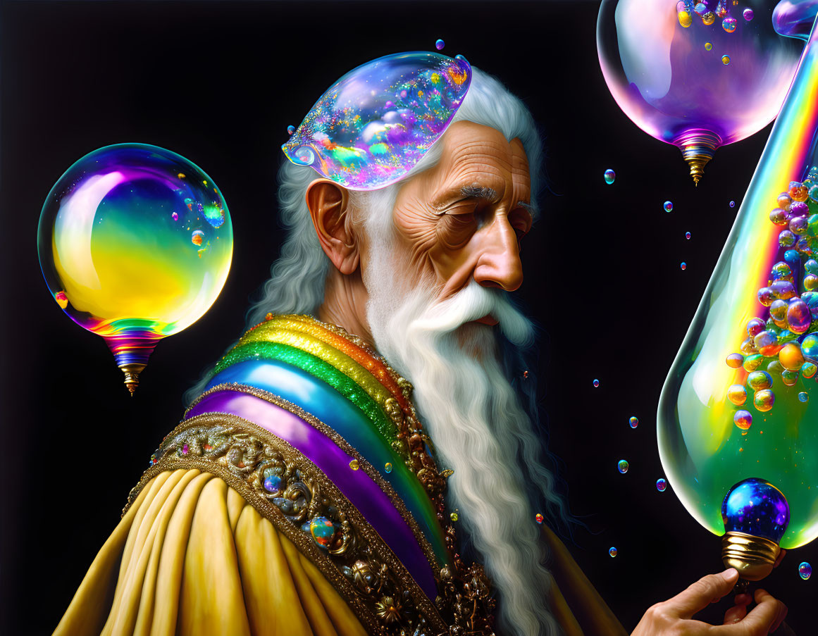 Elderly wizard in colorful robe gazes at glowing orbs