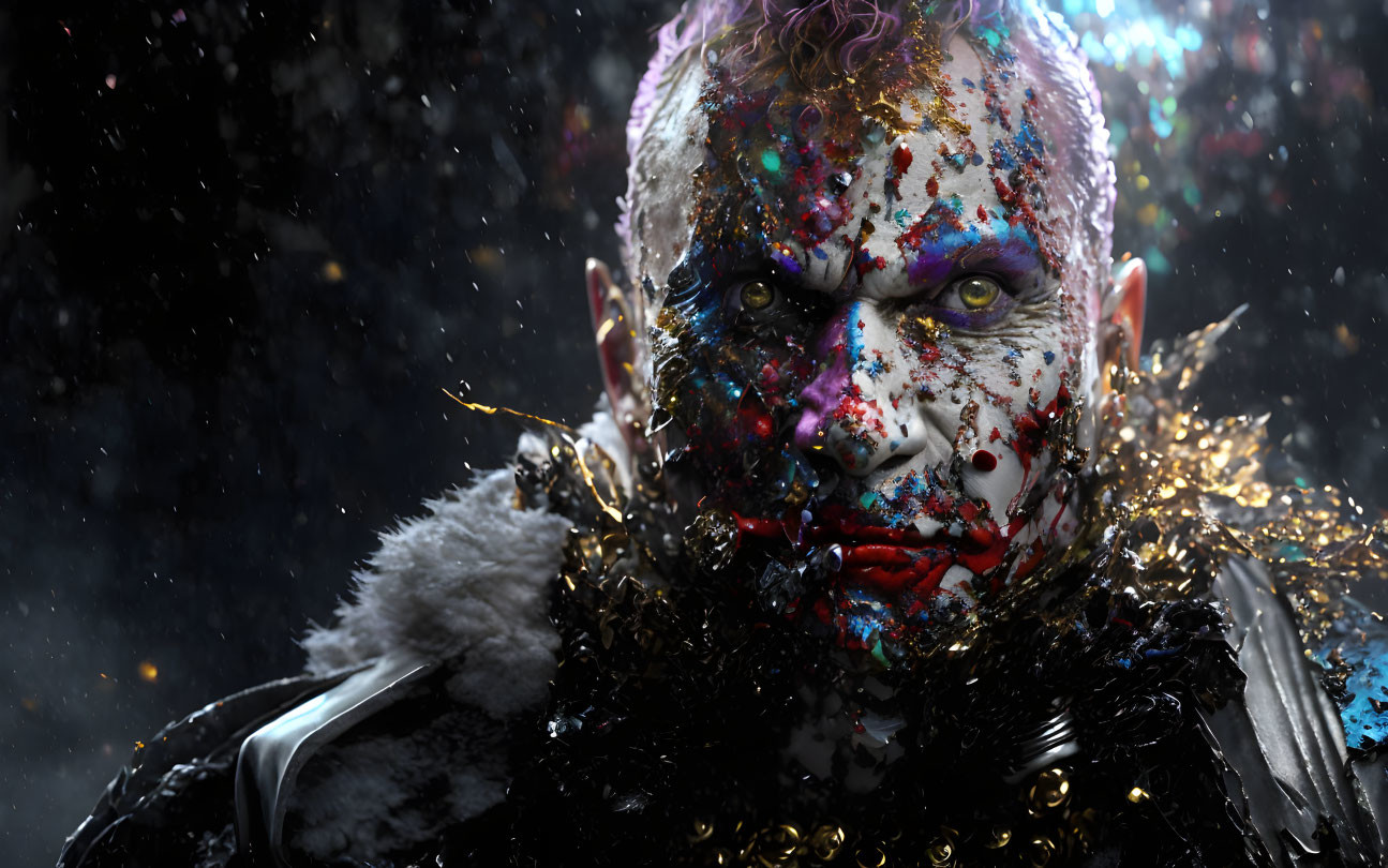 Colorful Face Paint and Elaborate Costume on Dark Background