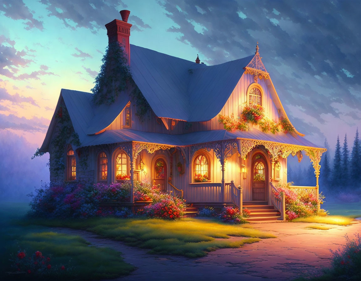 Charming cottage with illuminated windows and vibrant flowers at twilight