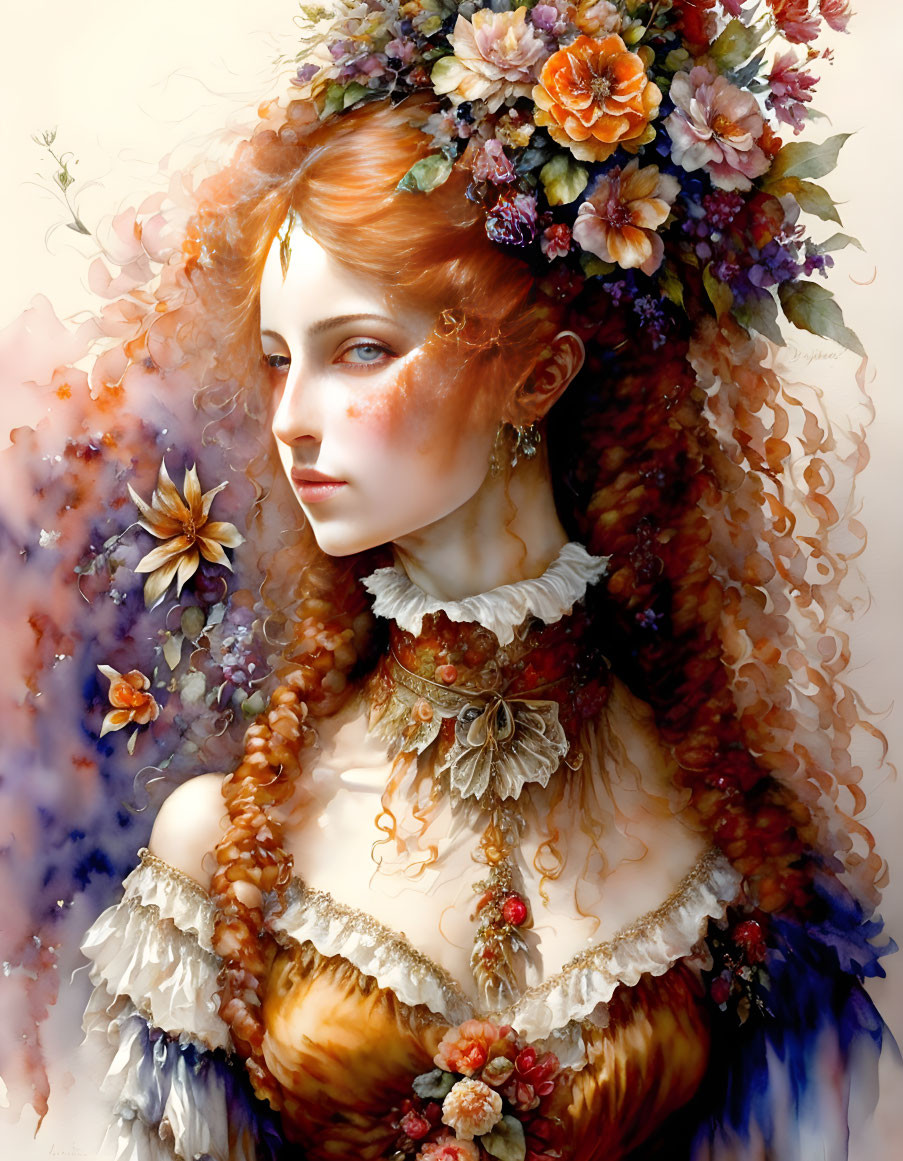 Vibrant floral crown on red-haired woman in ornate gown