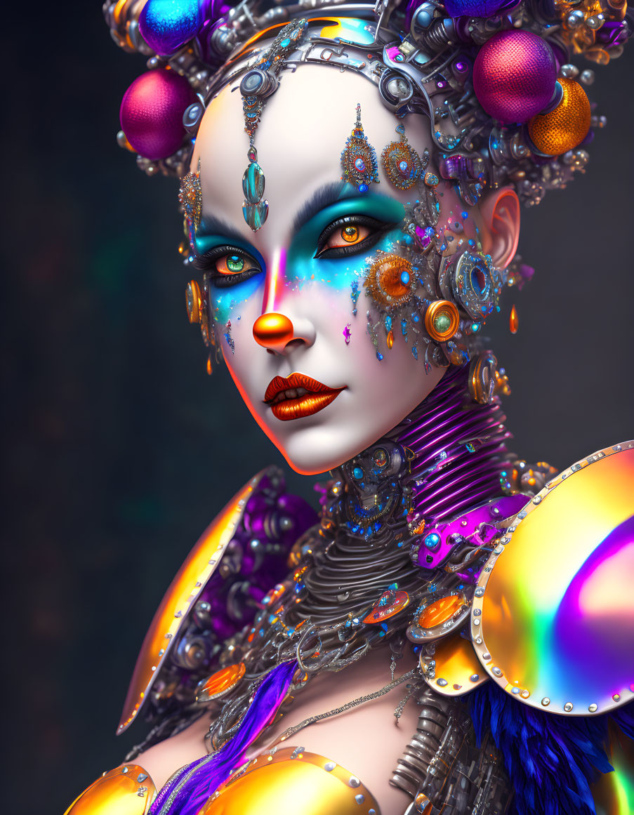 Colorful 3D artwork featuring woman in elaborate makeup and ornate headgear