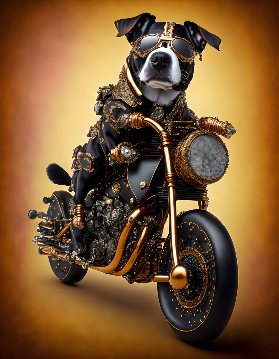 Steampunk-themed dog on motorcycle with goggles in warm-toned setting