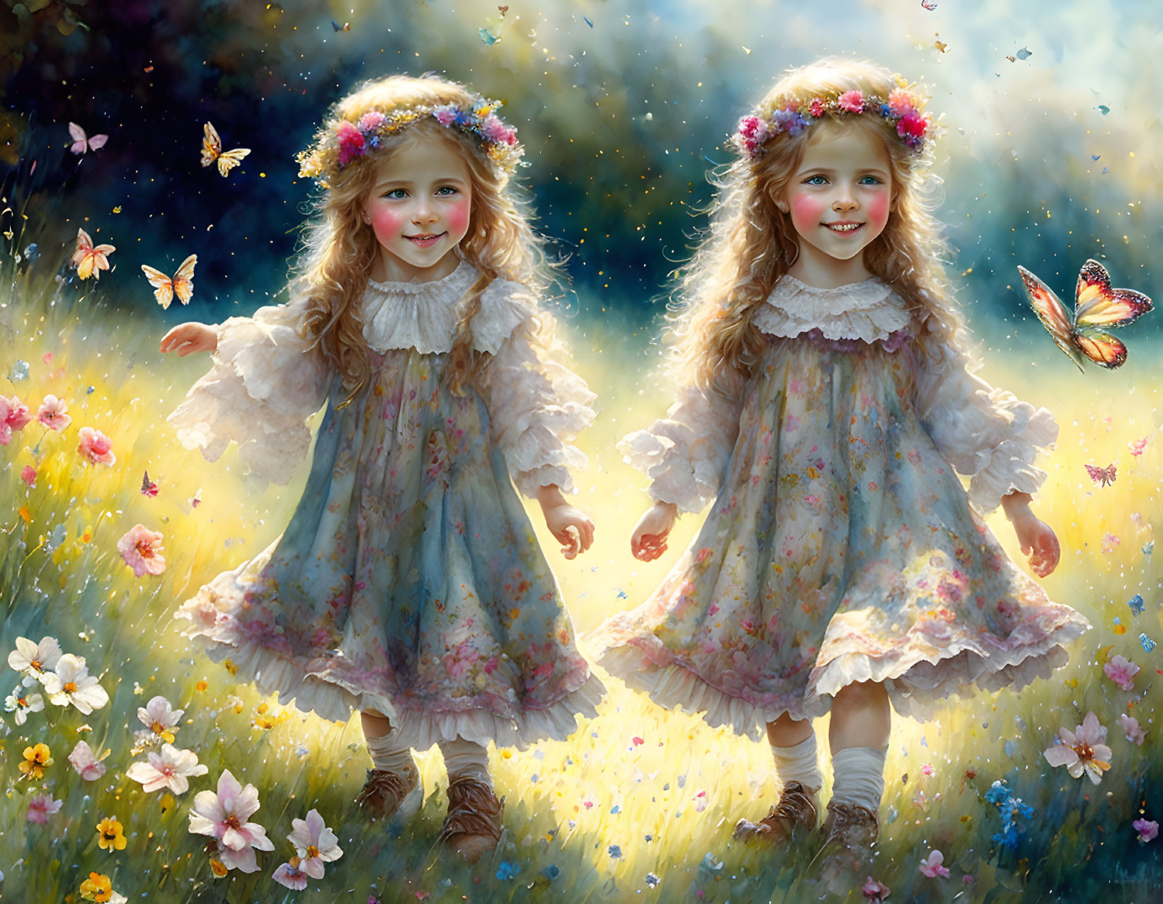 Young girls in floral dresses playing in sunlit meadow with butterflies.