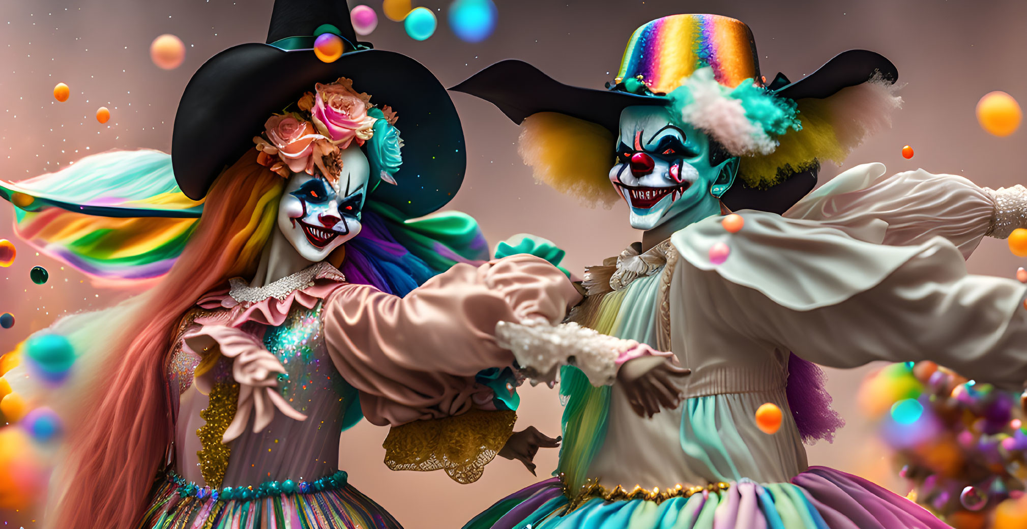 Colorful Clown Duo Surrounded by Bubbles in Warm Light