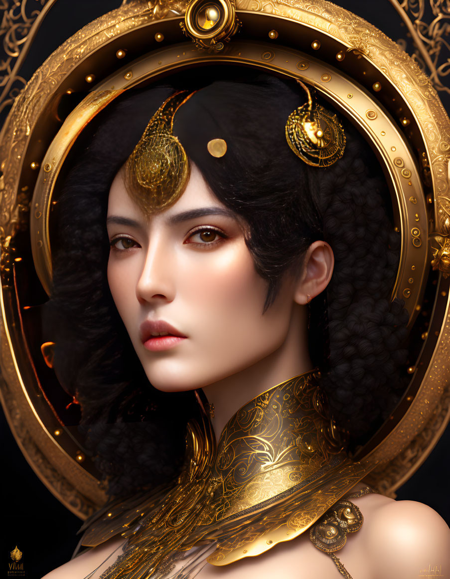 Woman portrait with ornate gold jewelry and headdress on dark background