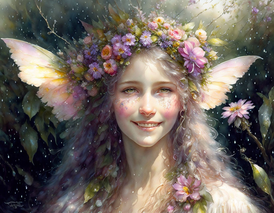 Fantasy illustration of smiling female with pointed ears and floral crown