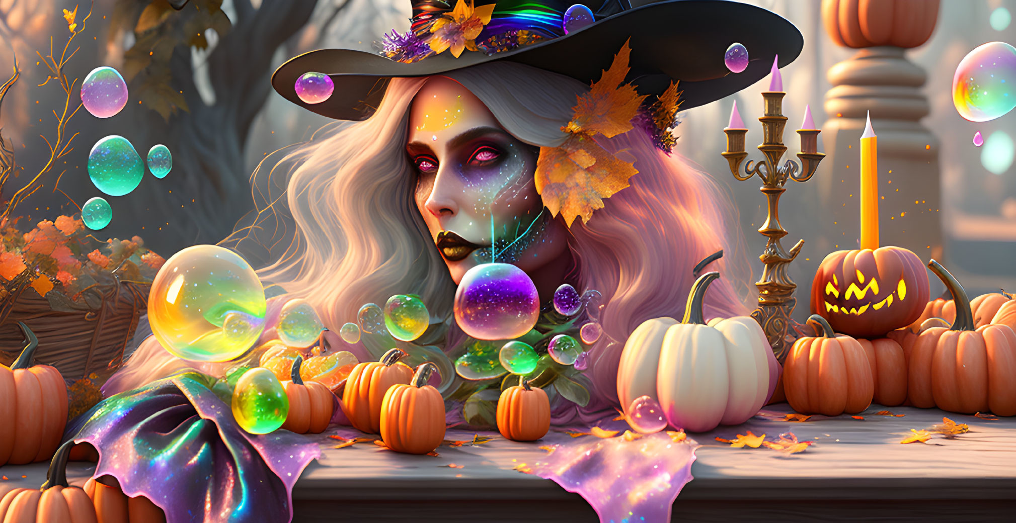 Purple makeup witch with pumpkins and bubbles in candlelit Halloween scene