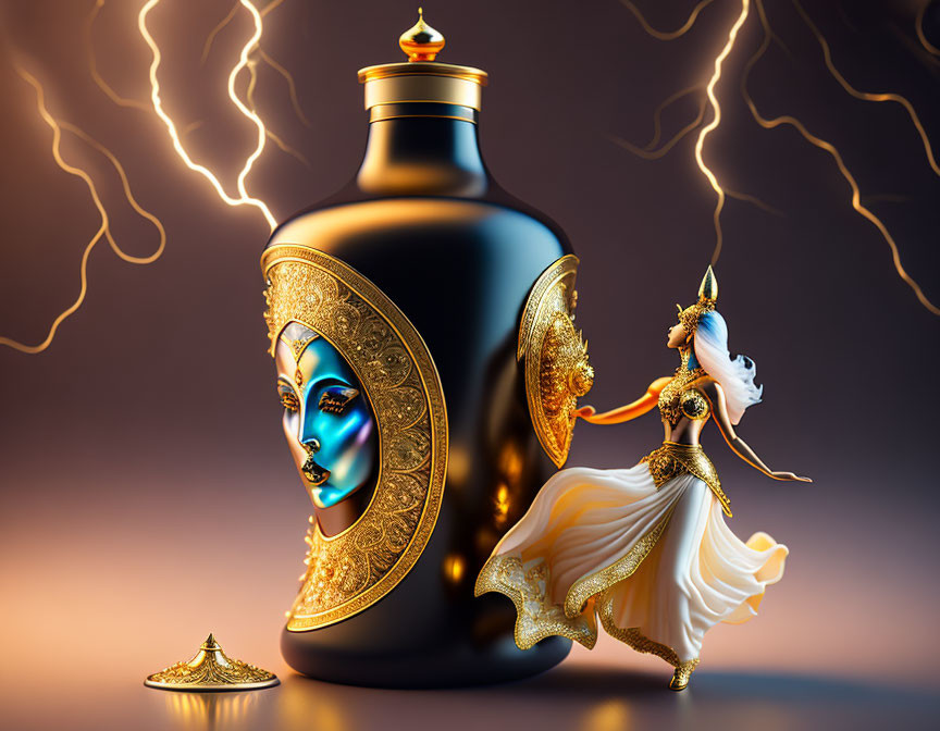 Perfume bottle with woman's face design and elegant female figure on lightning bolt backdrop