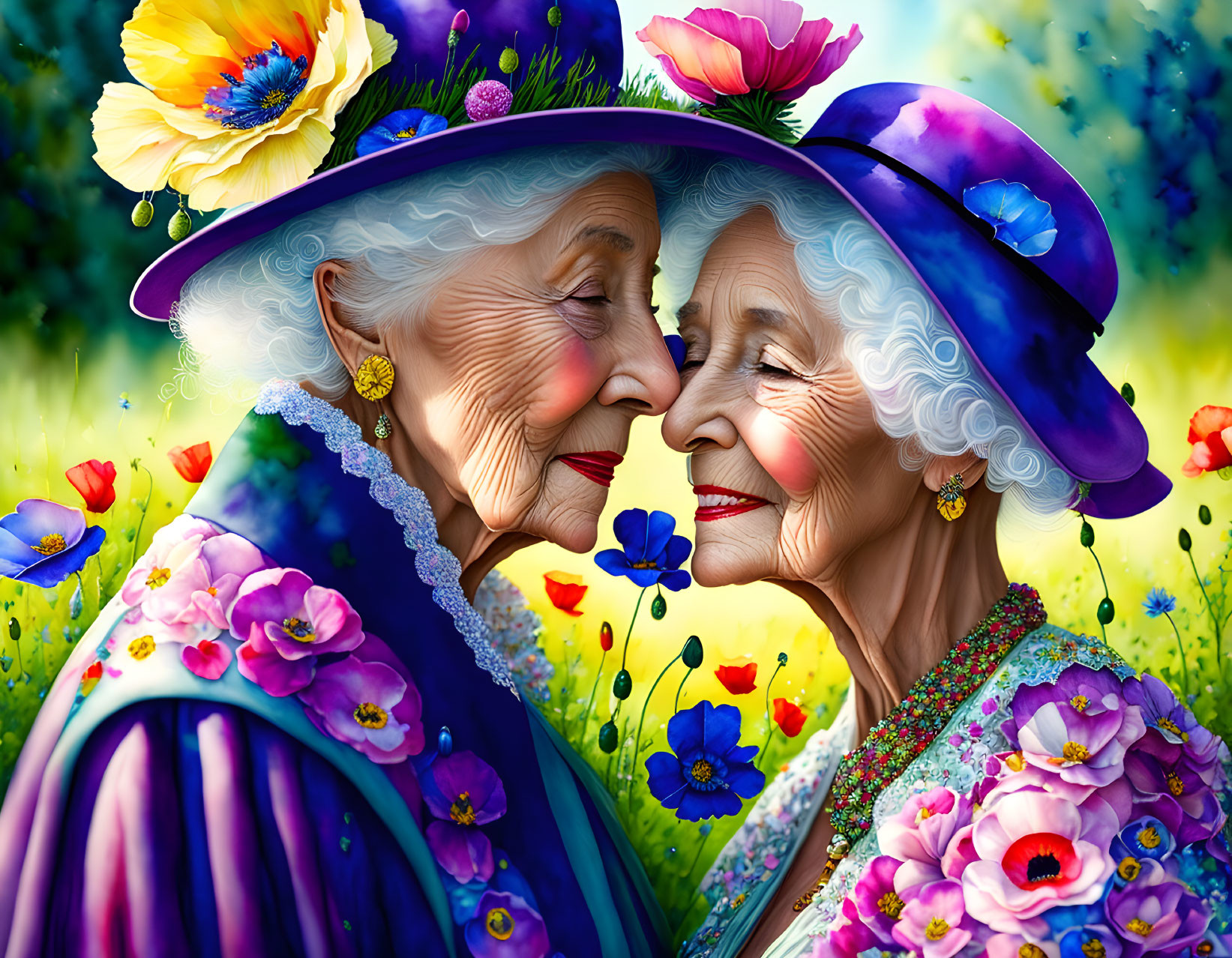 Elderly women in colorful floral attire and stylish hats touching noses amidst vibrant flowers