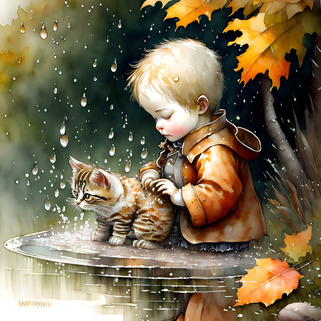 Child in warm coat pets kitten in rain with autumn leaves