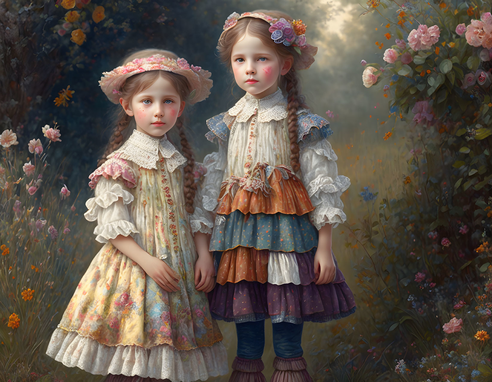 Vintage dresses and bonnets: Two girls in dreamy floral landscape