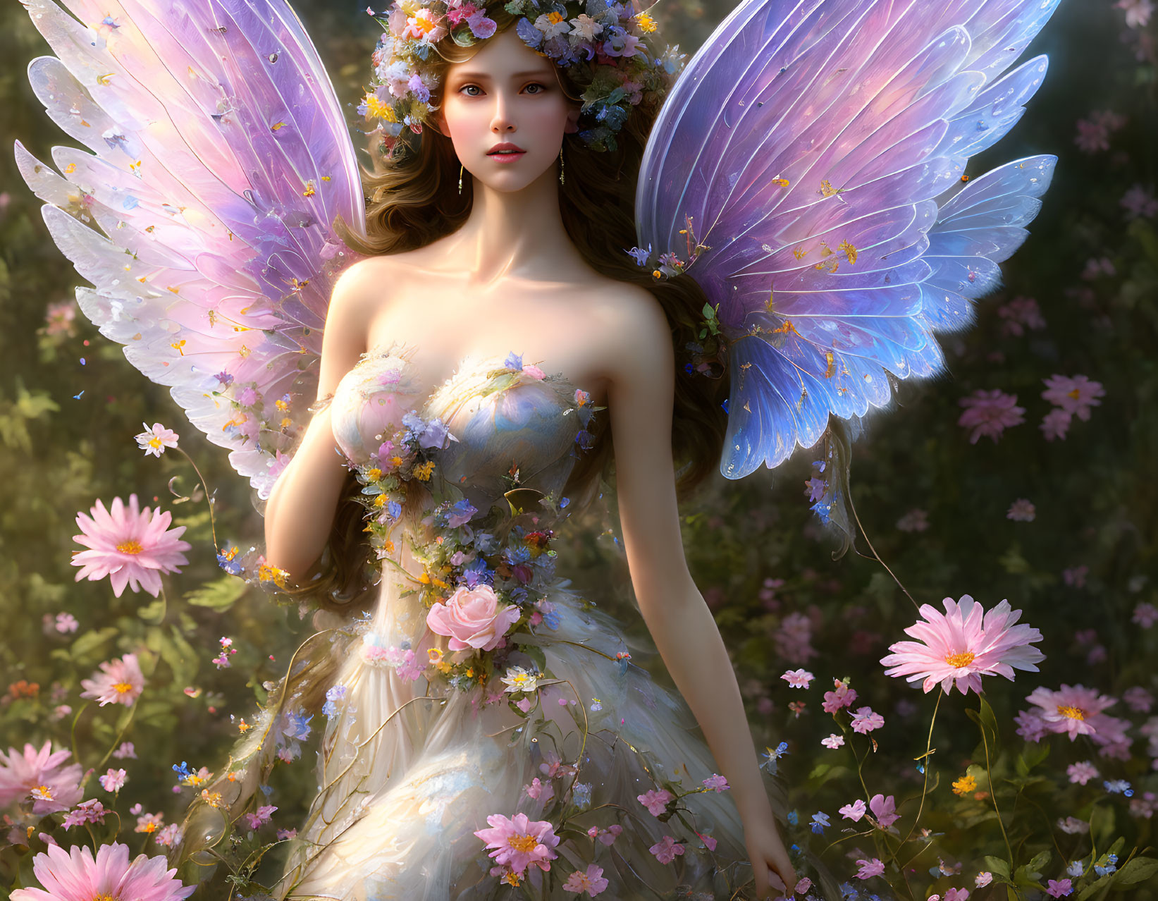 Fantastical image of a fairy with iridescent wings in a sunlit glade