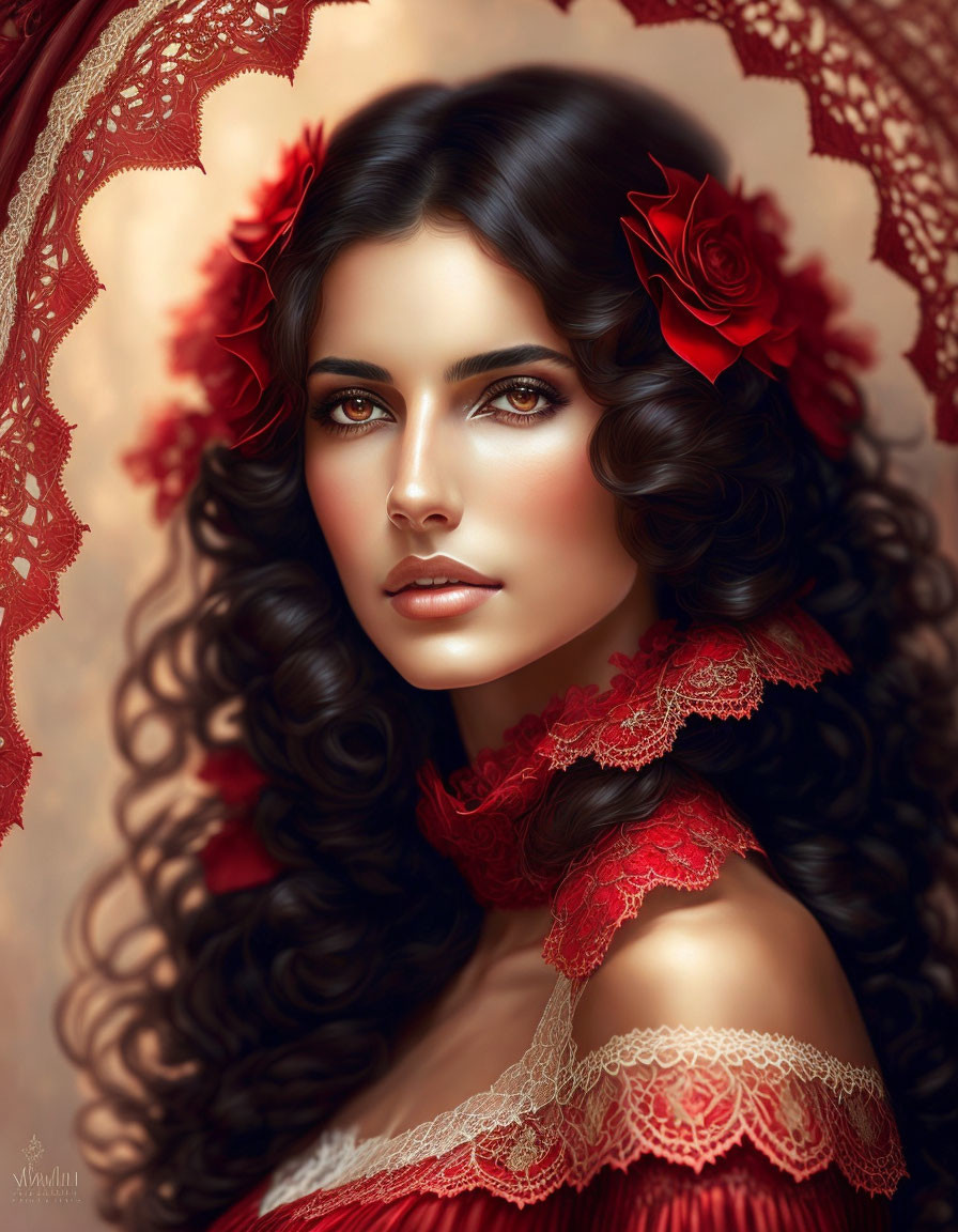 Portrait of woman with brown eyes, curly hair, red roses, lace dress, ornate background