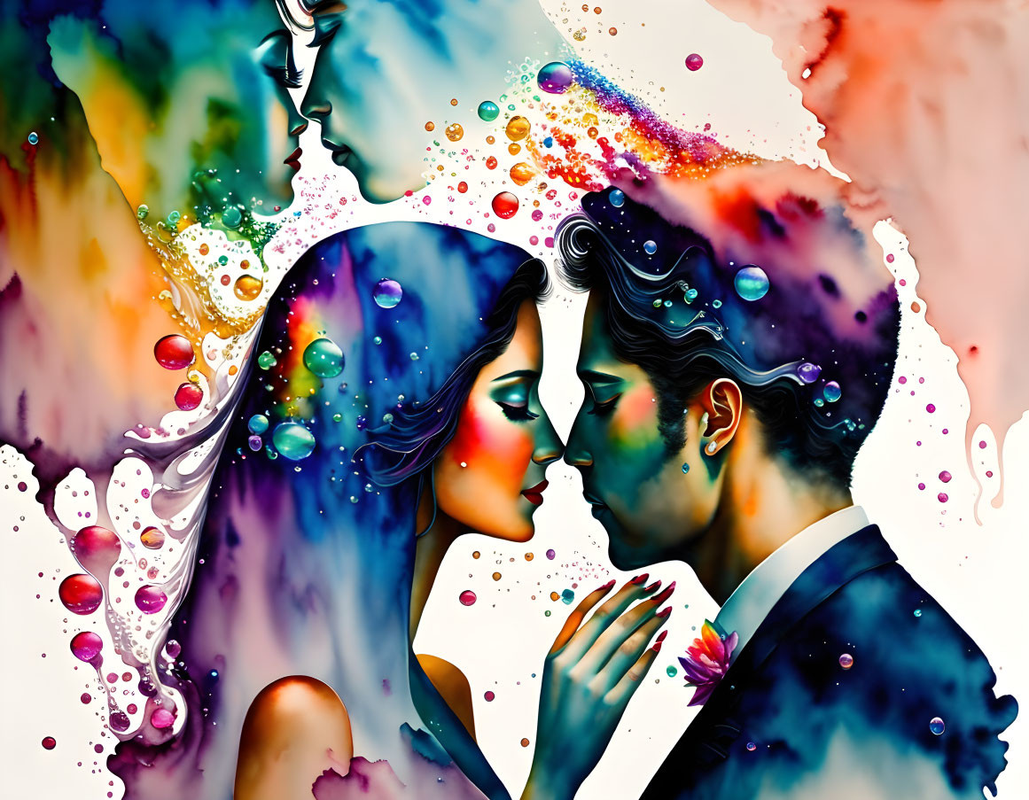 Colorful Watercolor Painting of Couple About to Kiss