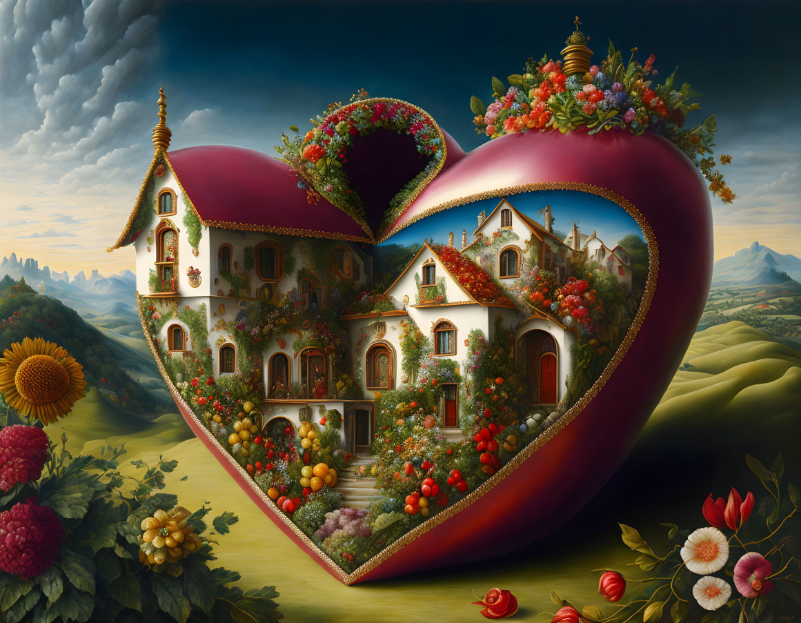 Heart-shaped house painting with flowers and fruits in lush landscape