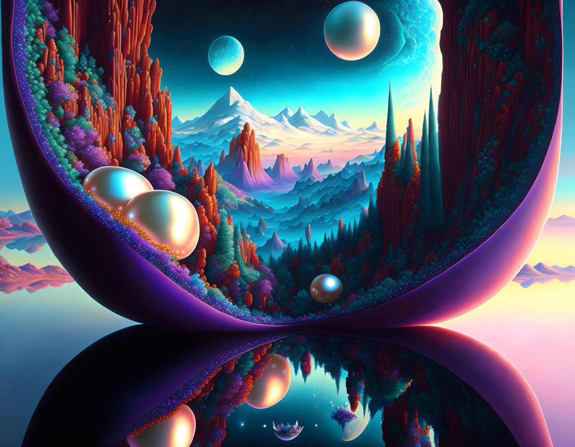 Vibrant surreal landscape with alien flora, reflective orbs, and multiple moons