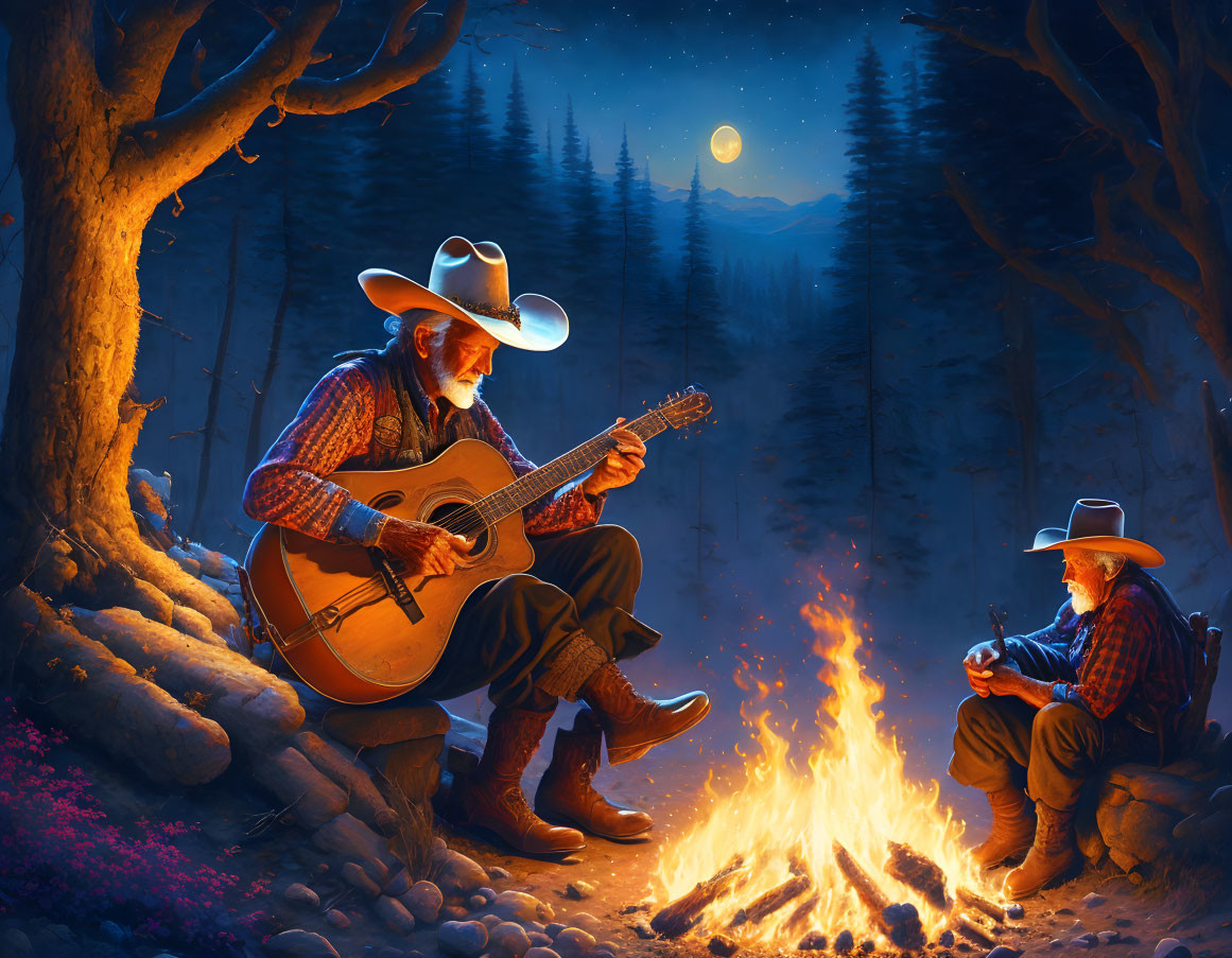 Cowboys by campfire in forest at night with glowing moon