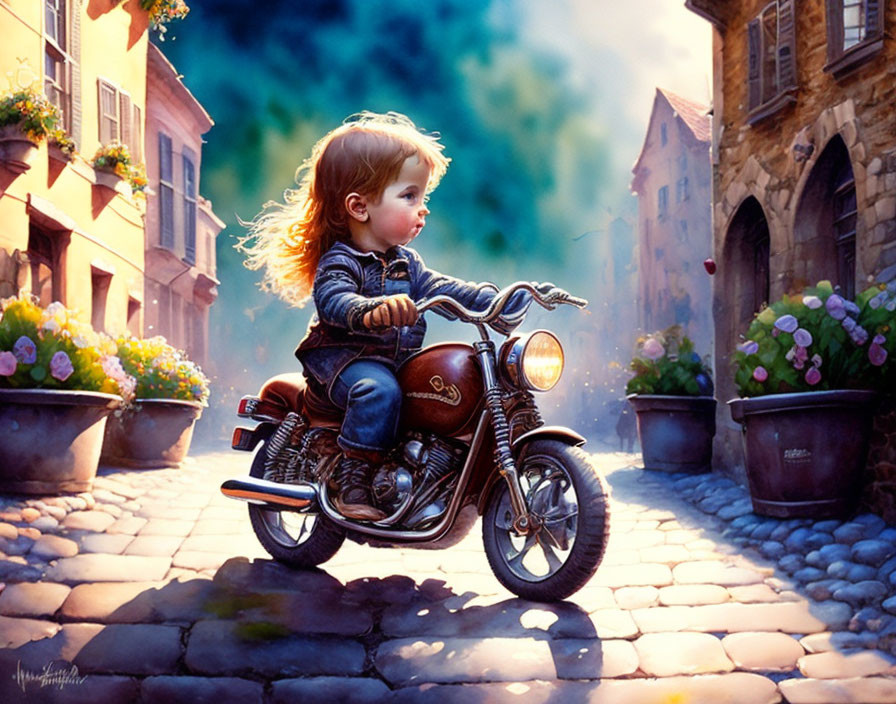 Child on Miniature Motorcycle in Quaint Street Setting