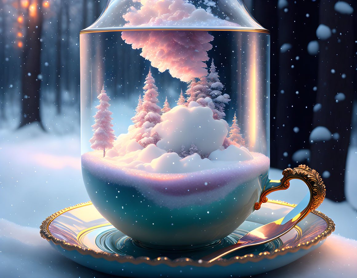 Glass teacup with pink snowy trees in wintry scene