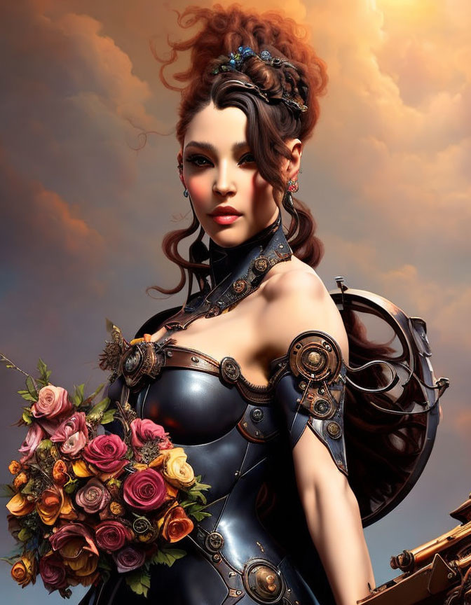 Steampunk female character with intricate mechanical hairstyle and colorful rose bouquet