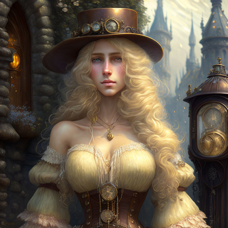 Steampunk woman in top hat and blonde curls with fantasy castle backdrop.