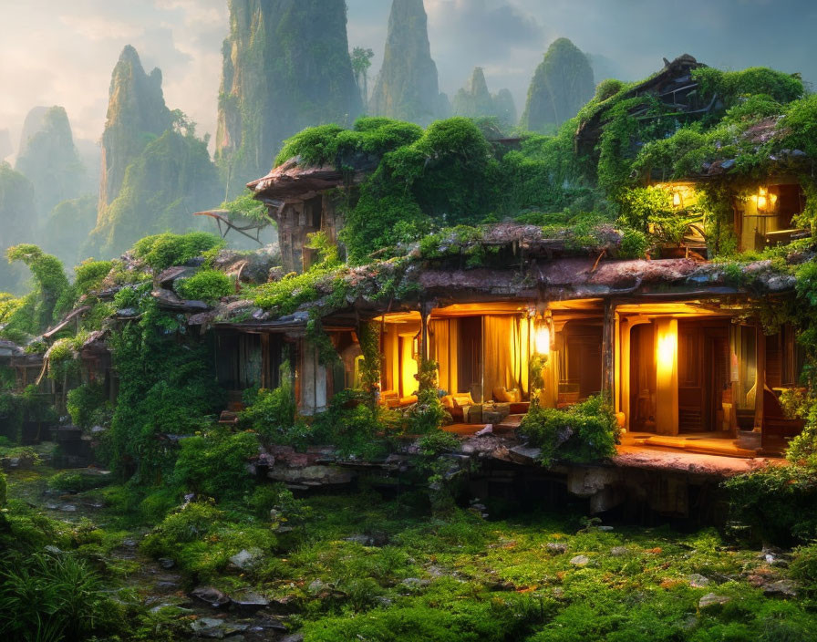 Houses with Lit Interiors in Greenery and Cliffs