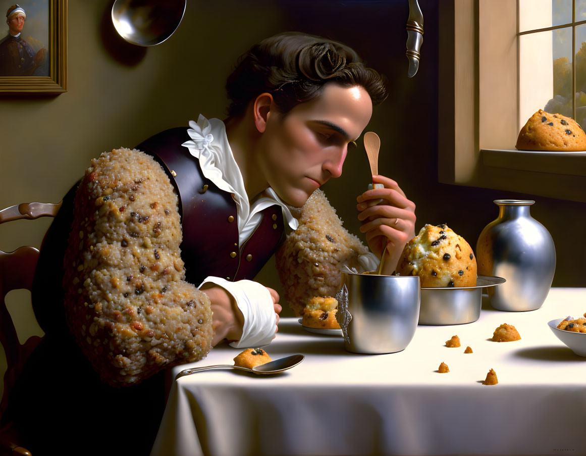 Man in period clothing with bread loaves as arms holding a hand mirror on a table with crumbs and