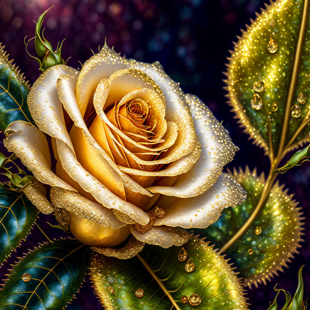 Golden Rose with Dewdrops on Dark Bokeh Background