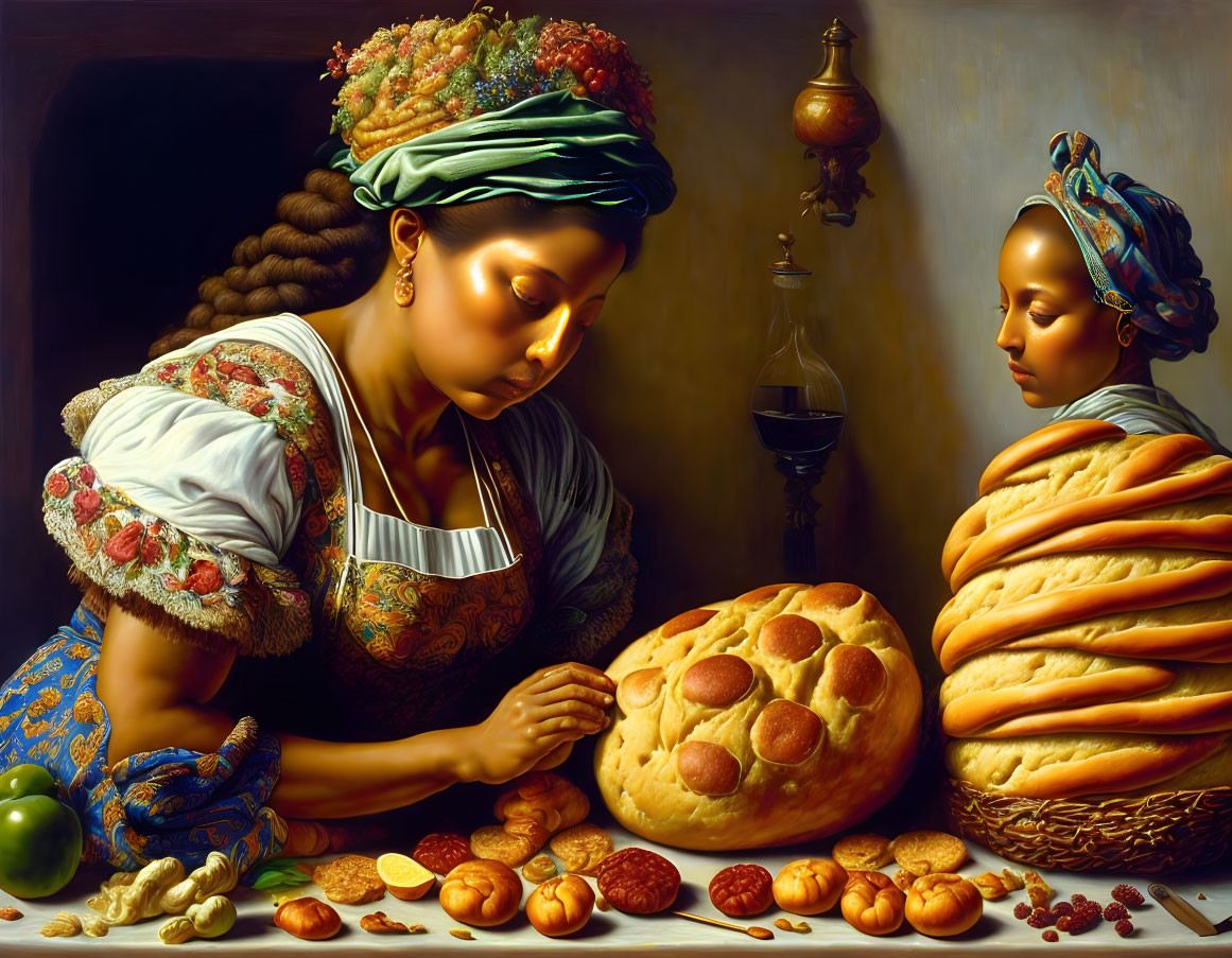 Traditional Attire Women with Bread and Fruits Display