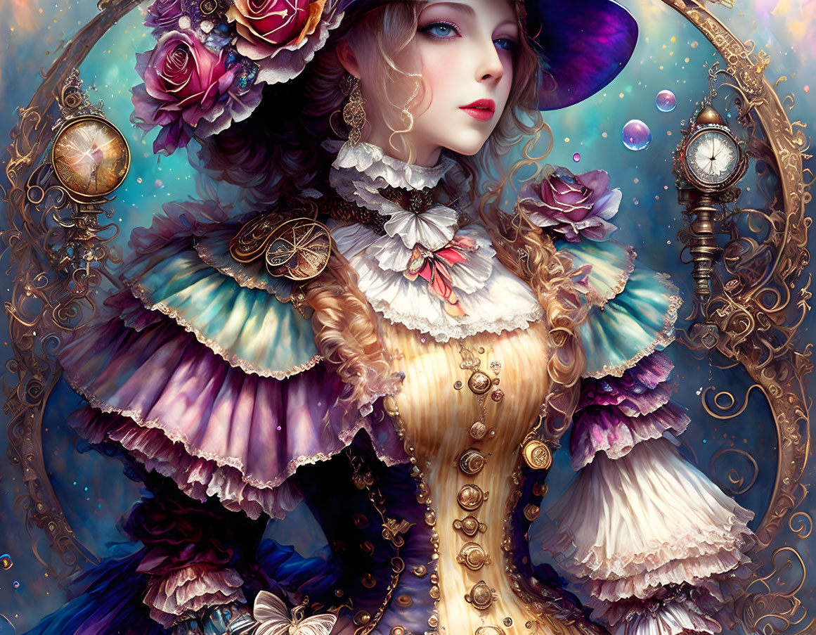 Victorian-style woman with roses in hair and clockwork details.