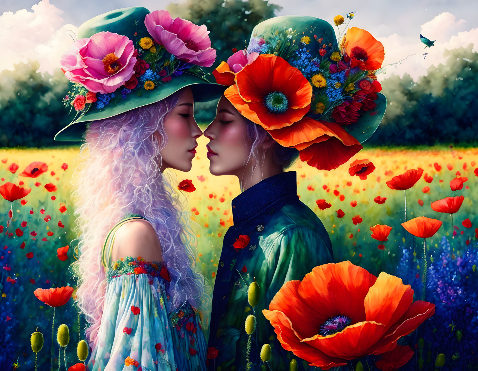 Illustrated characters in floral hats kissing in vibrant flower field with butterfly