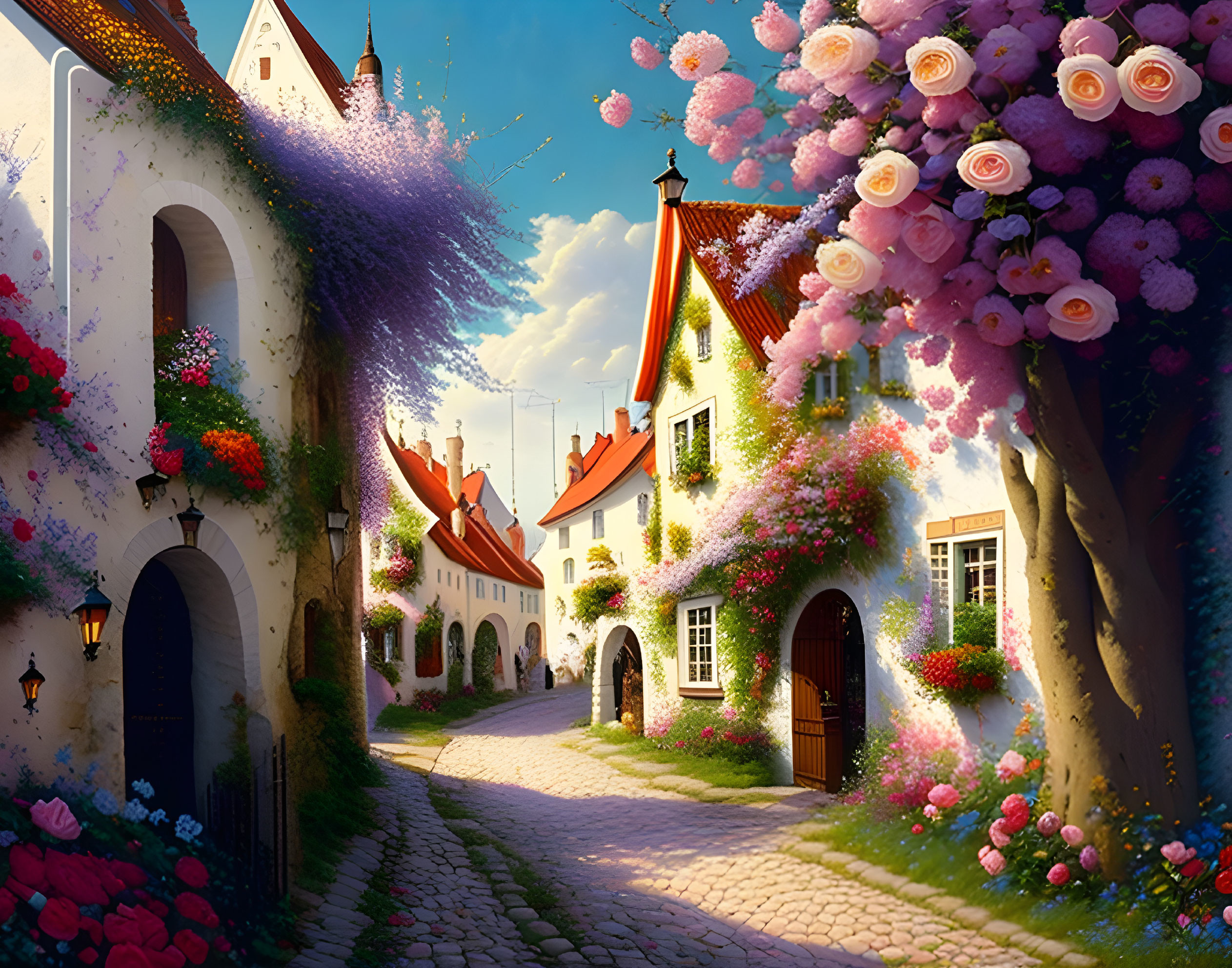 Medieval houses on cobblestone street with blooming flowers under sunny sky