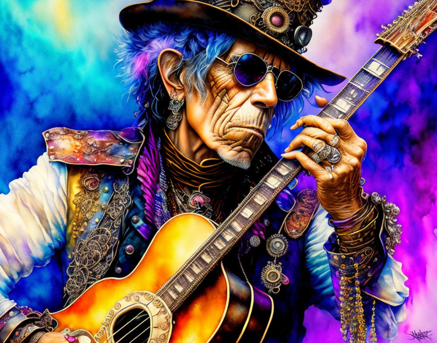 Vibrant portrait of elderly musician with guitar on colorful background